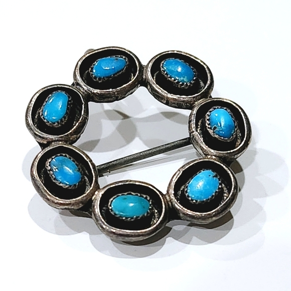 Zuni Turquoise Petit Point and Silver Pin, Pendant 1930s- 1940s - Picture 1 of 7